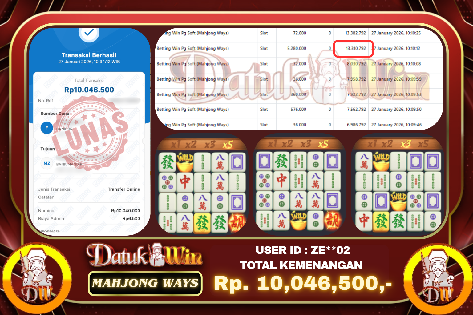 Bukti Pembayaran Jackpot 27 JANUARI 2026 – DATUKWIN