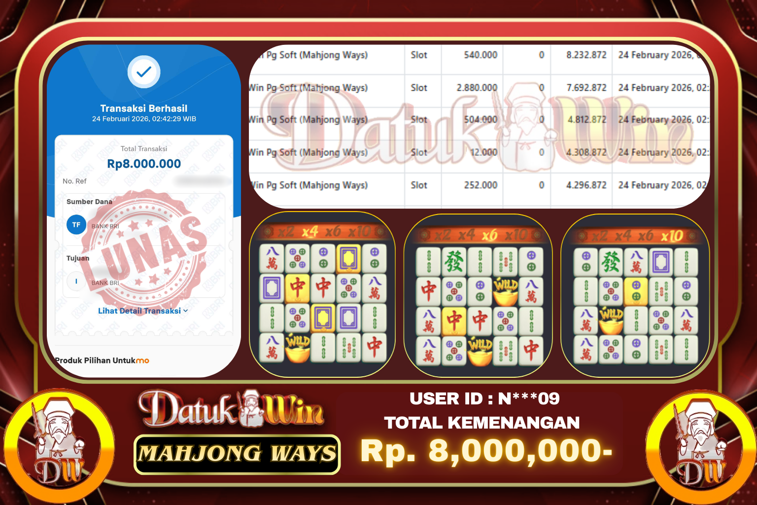 Bukti Pembayaran Jackpot 24 FEBRUARI 2026 – DATUKWIN