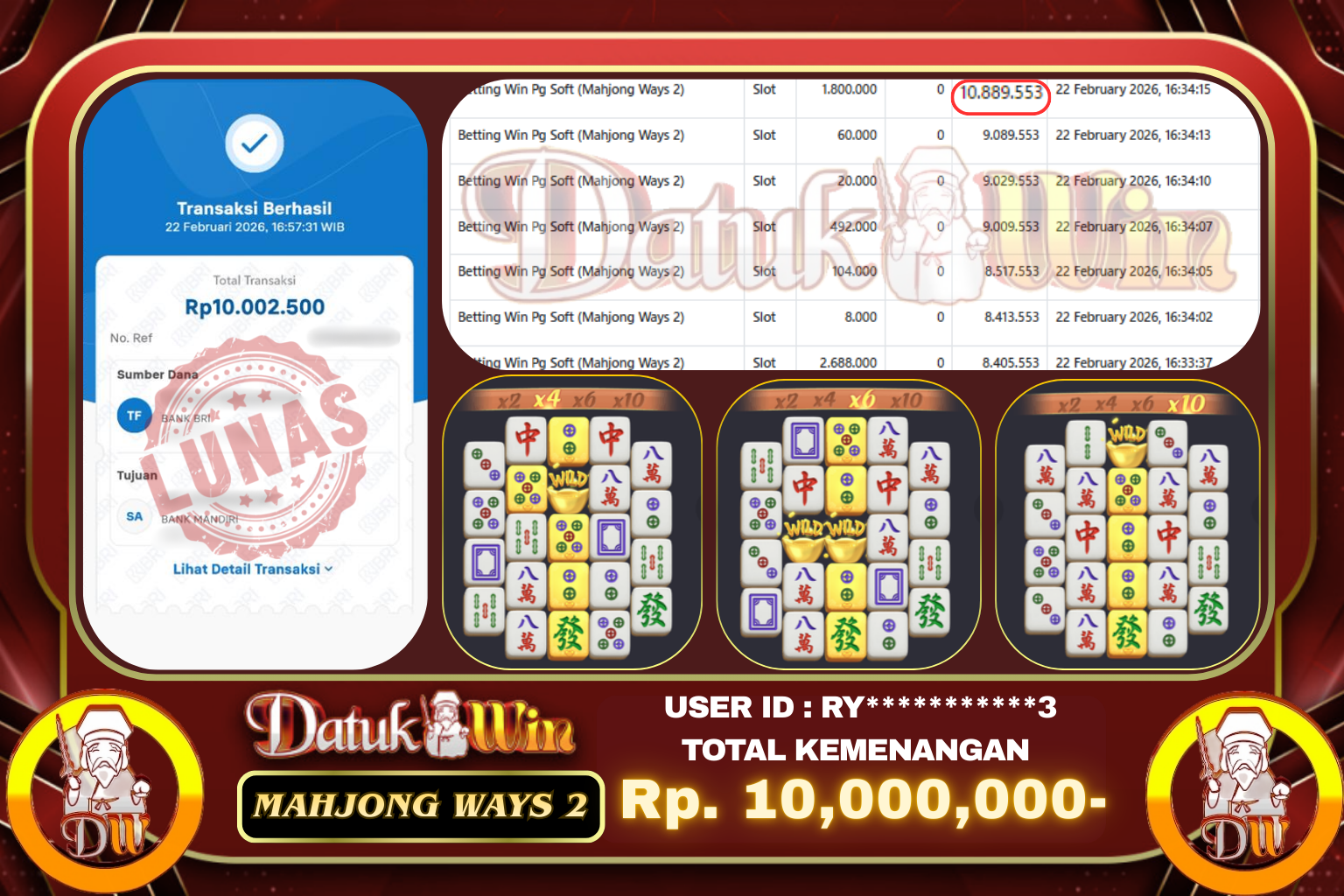 Bukti Pembayaran Jackpot 22 FEBRUARI 2026 – DATUKWIN