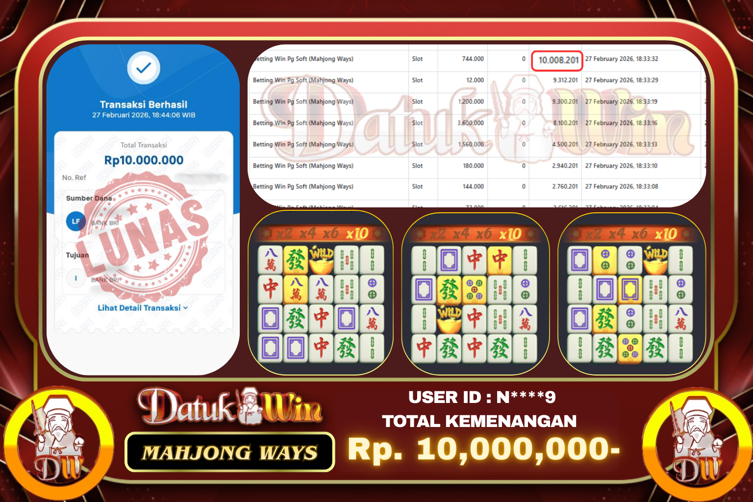 Bukti Pembayaran Jackpot 27 FEBRUARI 2026 – DATUKWIN