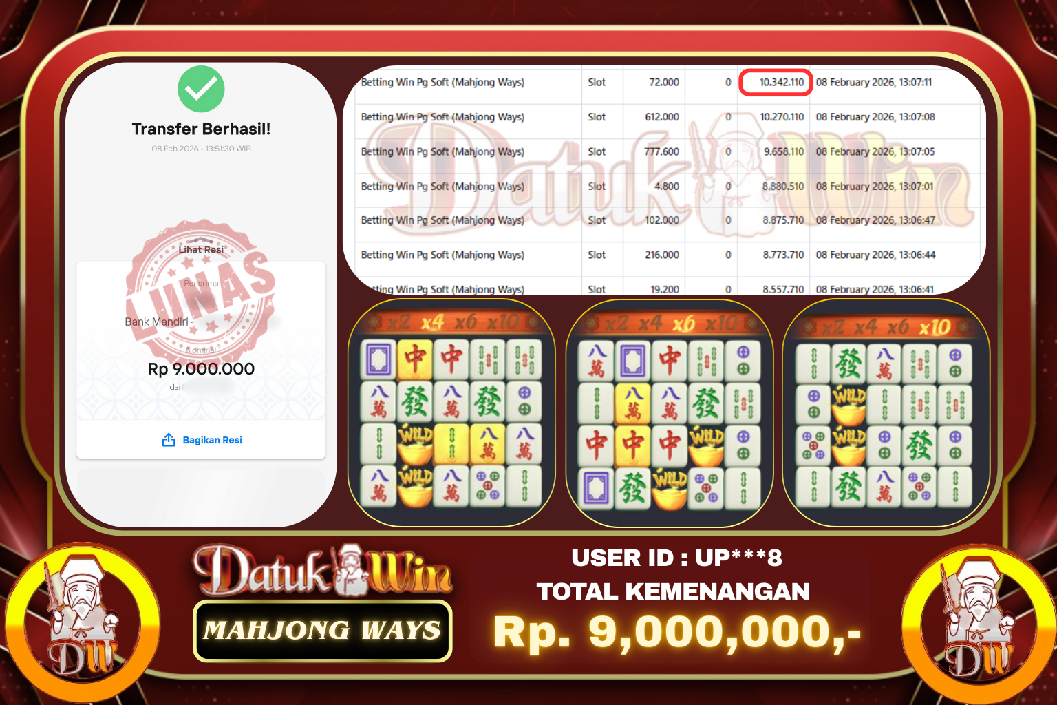 Bukti Pembayaran Jackpot 8 FEBRUARI 2026 – DATUKWIN
