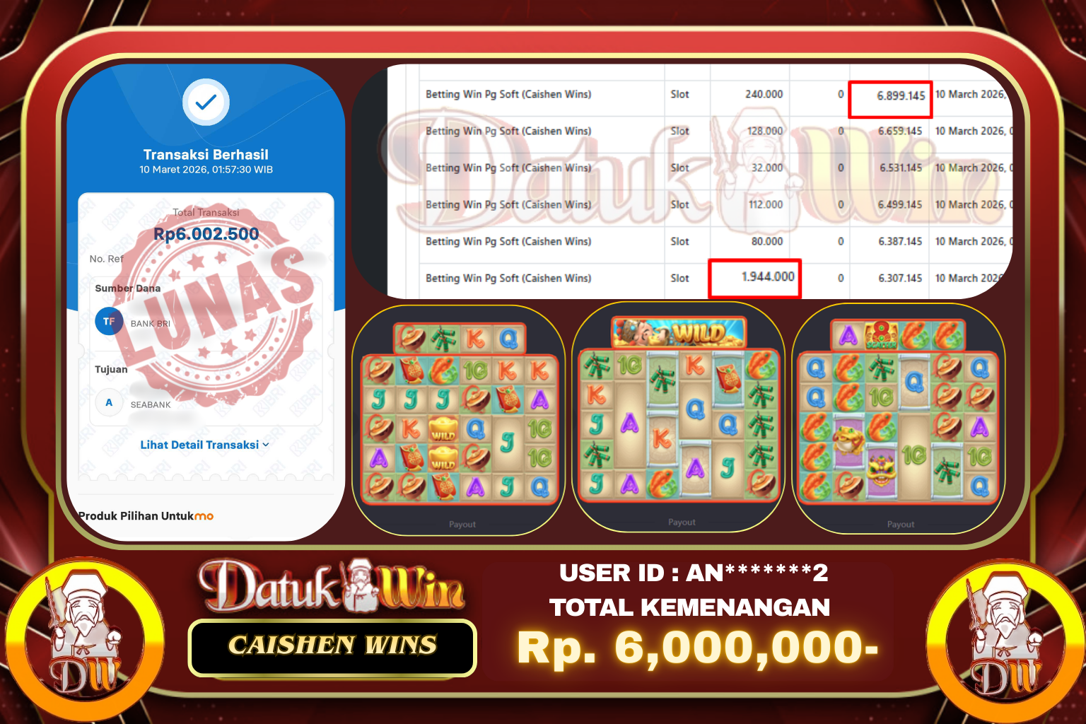Bukti Pembayaran Jackpot 10 MARET 2026 – DATUKWIN