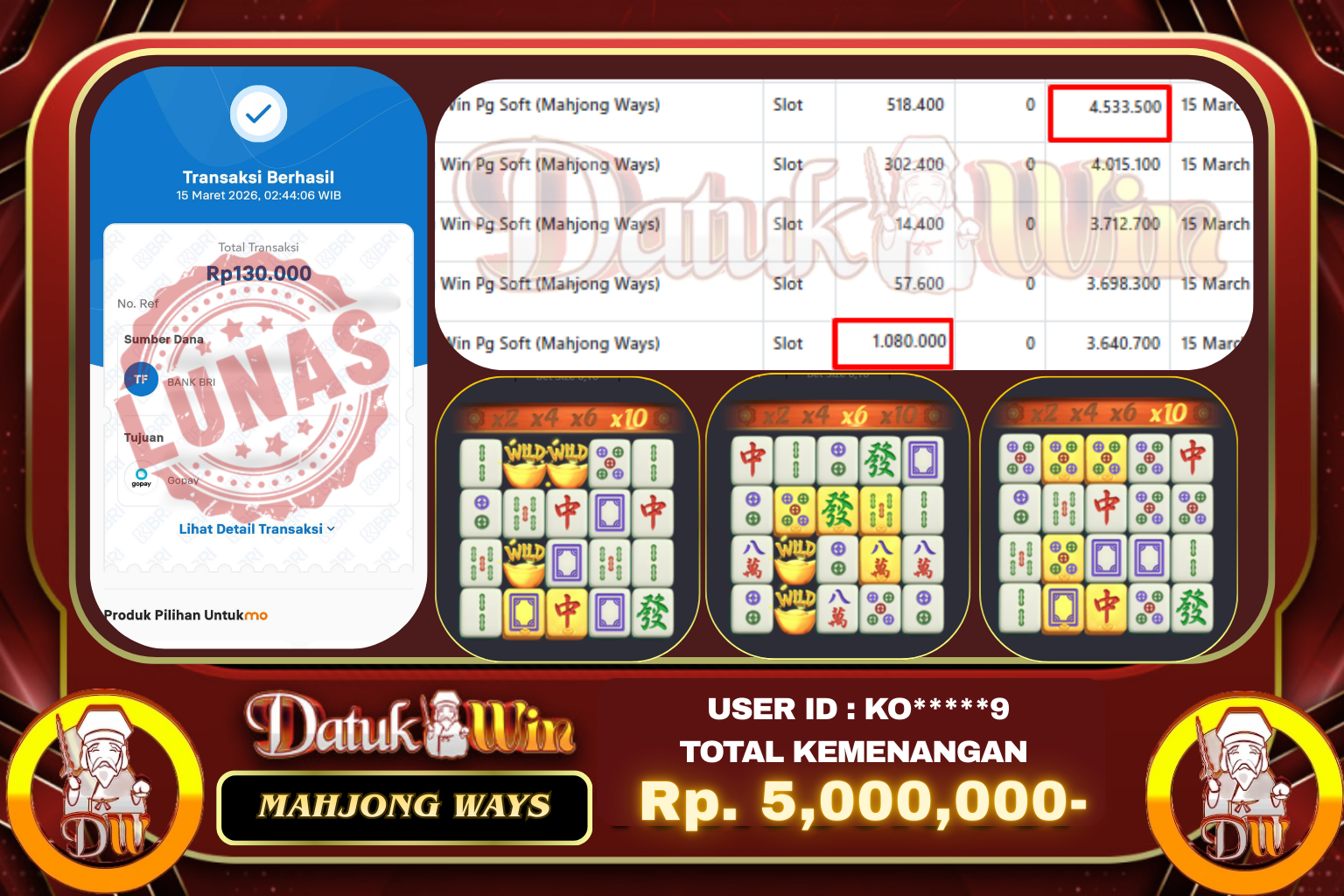 Bukti Pembayaran Jackpot 15 MARET 2026 – DATUKWIN