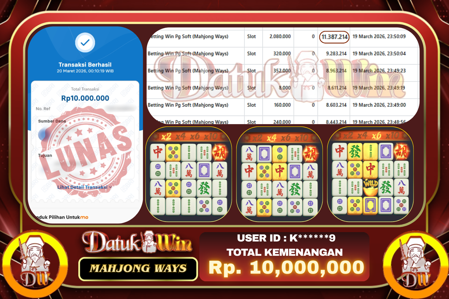 Bukti Pembayaran Jackpot 20 Maret 2026 – DATUKWIN