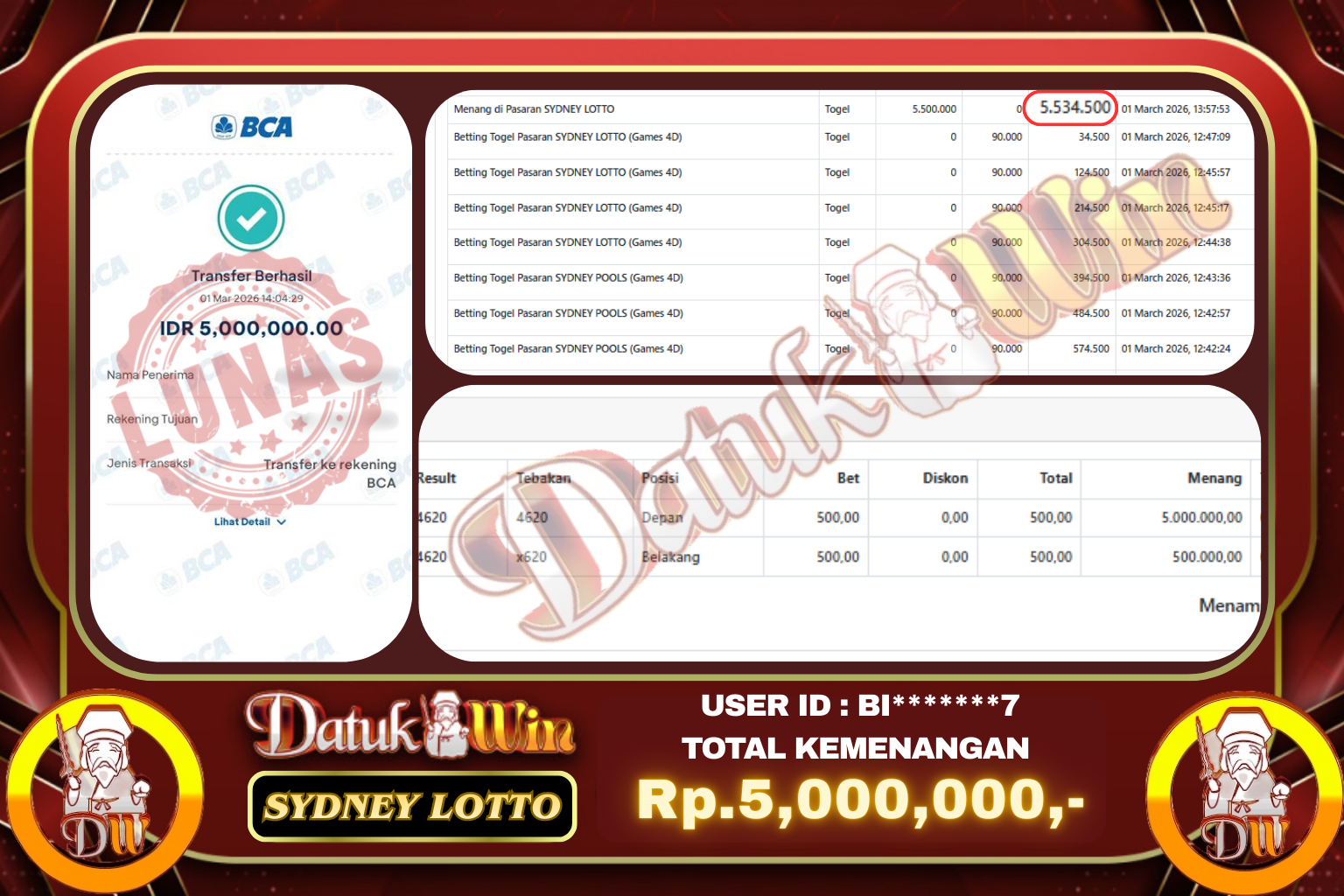 Bukti Pembayaran Jackpot 01 MARET 2026 – DATUKWIN