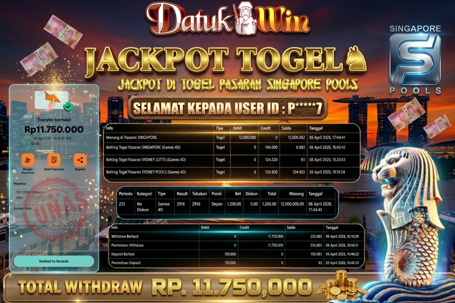 Bukti Pembayaran Jackpot 06 April 2026 – DATUKWIN