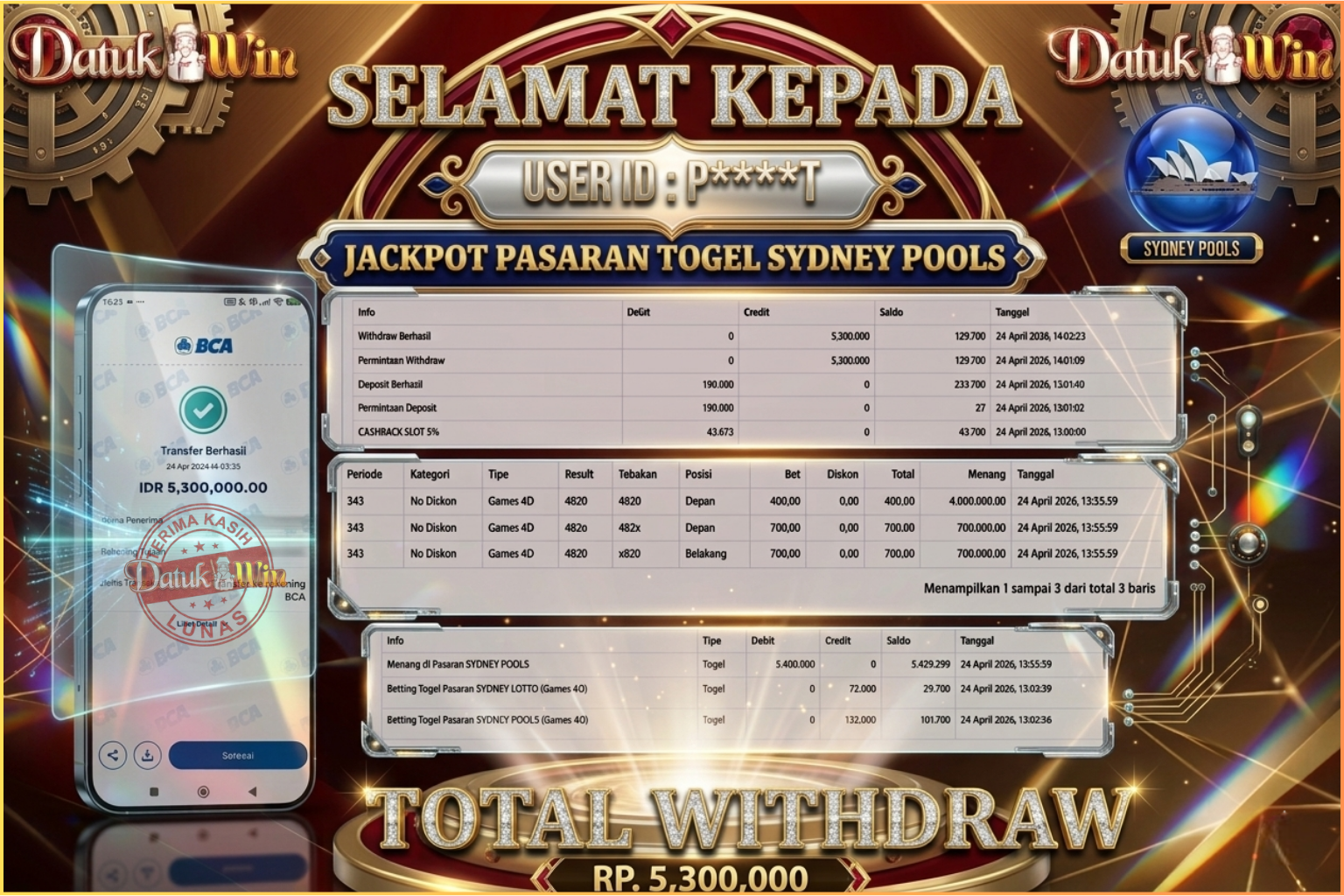 Bukti Pembayaran Jackpot 24 April 2026 – DATUKWIN