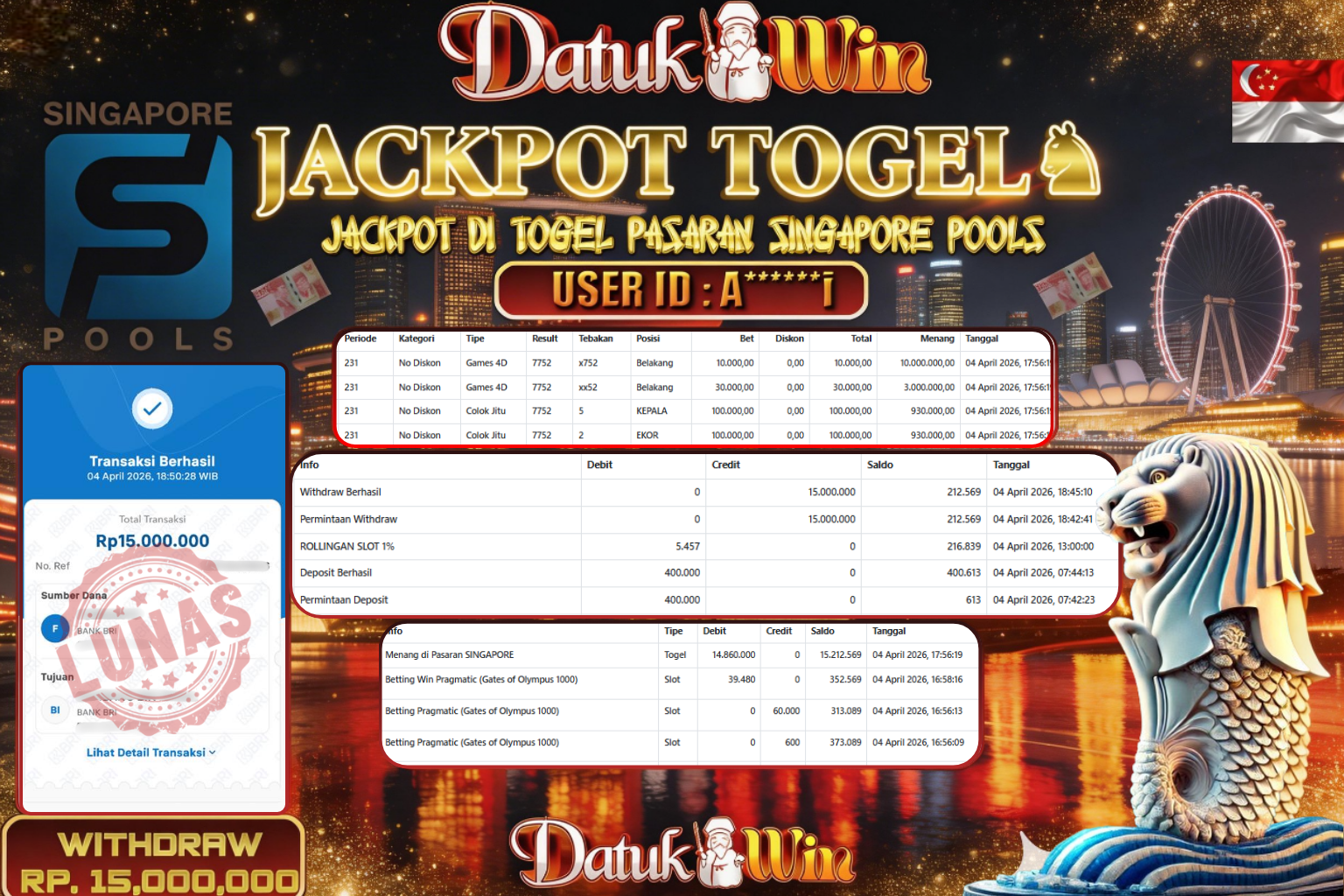 Bukti Pembayaran Jackpot 04 APRIL 2026 – DATUKWIN