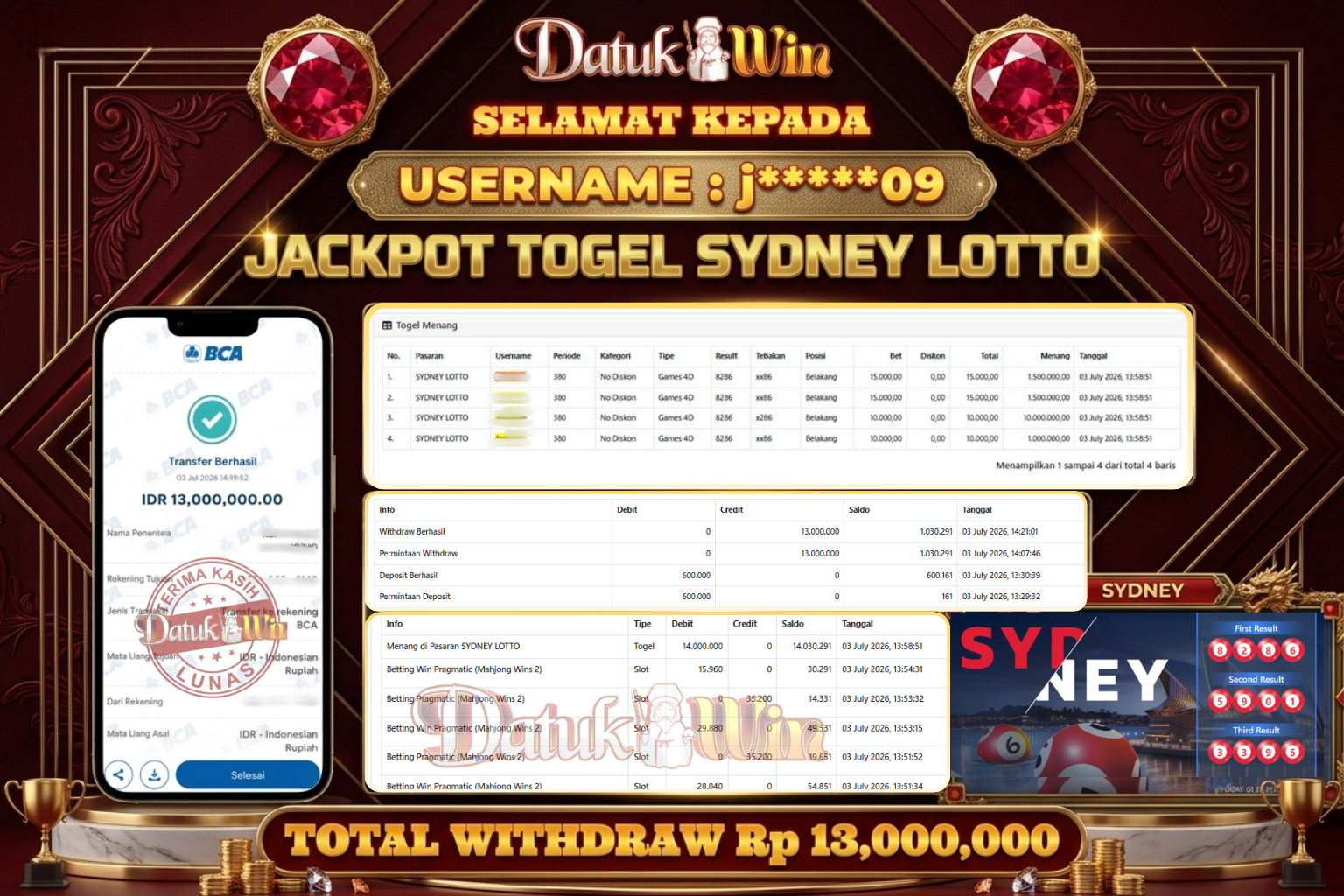Bukti Pembayaran Jackpot 03 Juli 2026 – DATUKWIN