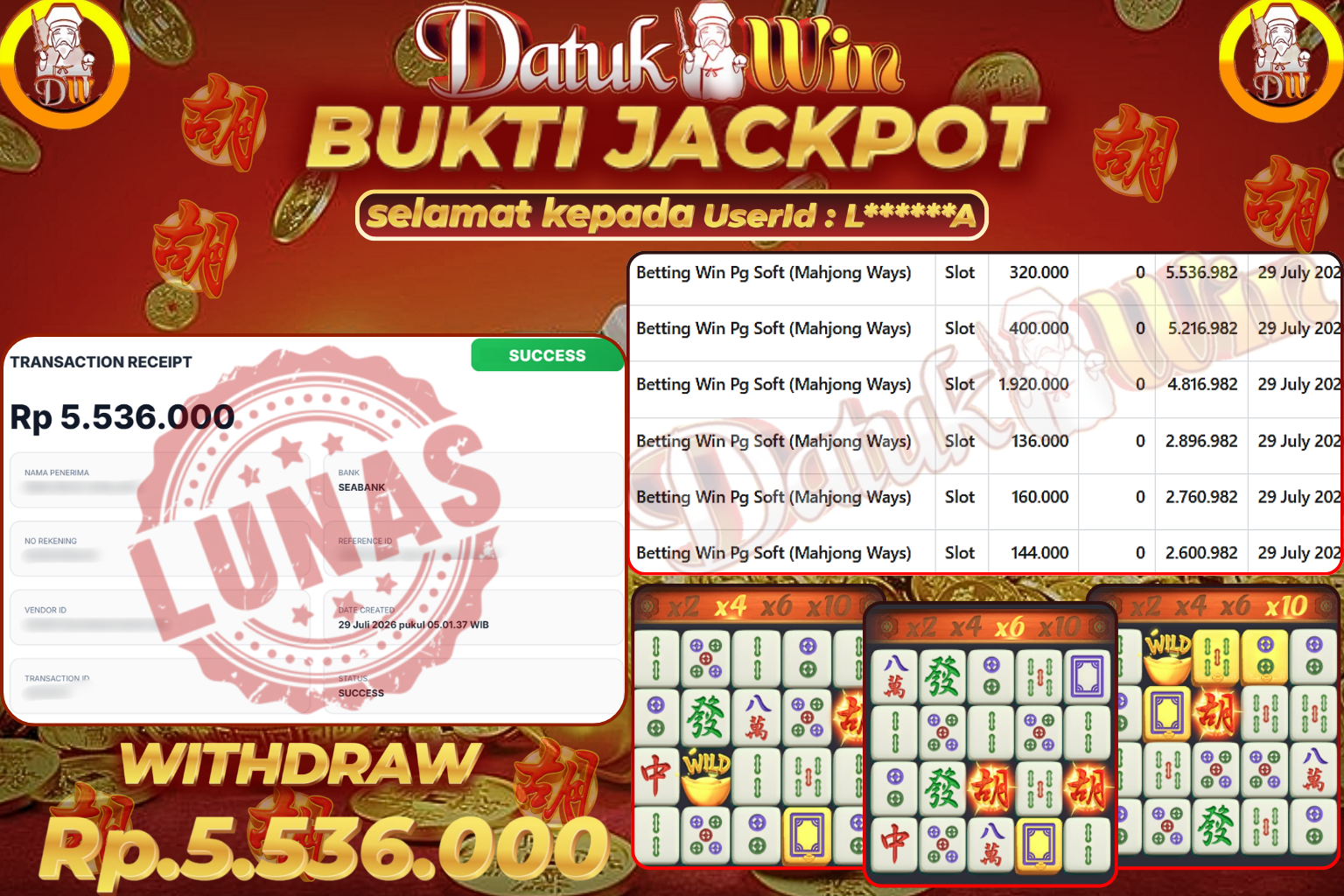 Bukti Pembayaran Jackpot 29 Juli 2026 – DATUKWIN