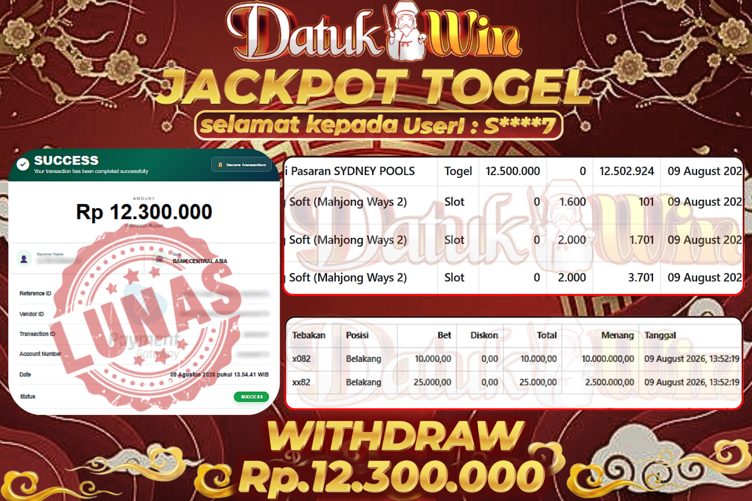 Bukti Pembayaran Jackpot 09 Agustus 2026 – DATUKWIN