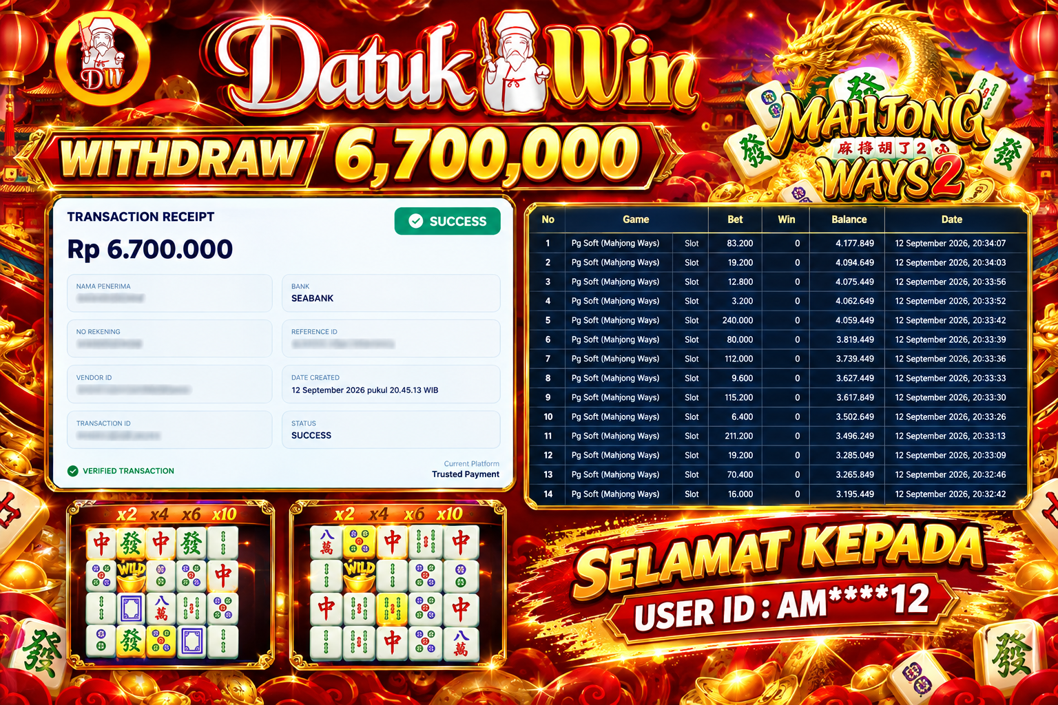 Bukti Pembayaran Jackpot 12 September 2026 – DATUKWIN